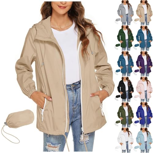 KOG Damen Regenjacke Wasserdicht Radjacke Casual Herbstjacke Jacken Einfarbig Oberteile Teenager Mädchen Trachtenjacke Elegant Bomberjacke Elegante Motorrad Jacke Frau Winterjacke Beige XL von KOG