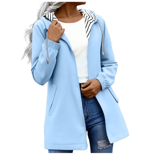 KOG Damen Regenjacke Wasserdicht Übergangsjacke Elegant Outdoorjacke Sport Jacke Einfarbige Oberteile Frauen Bomberjacke Freizeit Laufjacke Elegante Hoodie Jacke Frau Windbreaker Hellblau 3XL von KOG