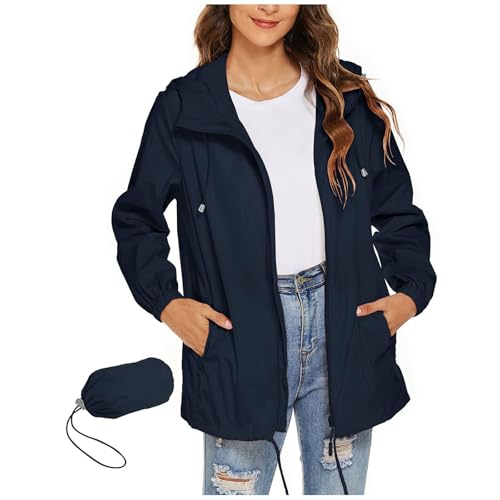 KOG Damen Regenjacke Wasserdicht Wanderjacke Basic Übergangsjacke Einfarbig Kleidung Teenager Mädchen übergangsjacken Fashion Regenponcho Atmungsaktiv Hoodie Jacke Frauen Radjacke Marine S von KOG