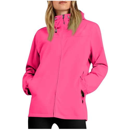 KOG Damen Regenjacke Wasserdicht Windbreaker Dünne Fahrradmantel Sport Jacke Einfarbige Oberteil Wanderjacke Basic Trainingsjacke Oversize Zipper Jacke Frauen Bikerjacke Knalliges Pink L von KOG