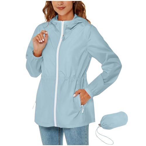 KOG Damen Regenjacke Wasserdicht Windbreaker Elegant Funktionsjacke Jacken Einfarbig Oberteile Teenager Mädchen Laufjacke Lose Trainingsjacke Winter Festival Jacke Bikerjacke Hellblau XL von KOG