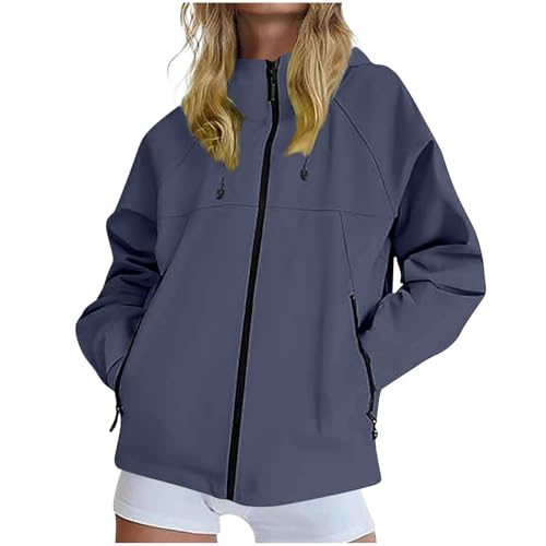 KOG Damen Regenjacke Wasserdicht Windbreaker Fashion Fahrradmantel Jacke Einfarbige Kleidung Frau Wanderjacke Atmungsaktiv Kapuzenjacke Elegante Motorrad Jacke Trainingsjacke Marine 3XL von KOG