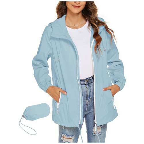 KOG Damen Regenjacke Wasserdicht Windjacke Fashion Übergangsjacke Outdoor Jacken Einfarbige Kleidung Frau Winterjacke Atmungsaktiv Trainingsjacke Oversized Jacken Bomberjacke Hellblau M von KOG