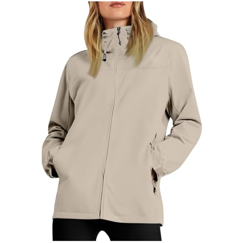 KOG Damen Regenjacke Wasserdicht Windjacke Herbst Windbreaker Zipper Jacke Einfarbig Kleidung Frauen Kapuzenjacke Lose Outdoorjacke Slim Fit Sport Jacke Teenager Mädchen Regenponcho Khaki 3XL von KOG