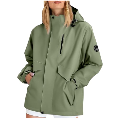 KOG Damen Regenjacke Wasserdicht Windjacke Mode Regenmantel Outdoor Jacken Einfarbig Oberteil Teenager Mädchen Sportjacke Herbst Laufjacke Motorrad Jacke Frauen Übergangsjacke Grün XL von KOG