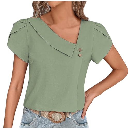 KOG Damen Shirt Elegant Leinenshirt Hemd Retro Kurzarm Tunika Teenager Blusenshirt Große Größen Tshirts Blitzangebote des Tages Frau Rundhals Basic T-Shirts Amazon Gutschein Grün XL von KOG