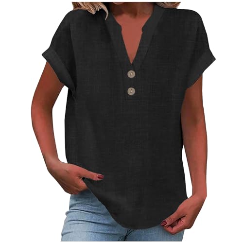 KOG Damen Shirt Lässig Leinenhemd T-Shirt Freizeit Kurzarm Tuniken Frau Tunika Slim Fit Leinenshirt T-Shirts Rundhals Oversized Longshirt Schwarz XXL von KOG