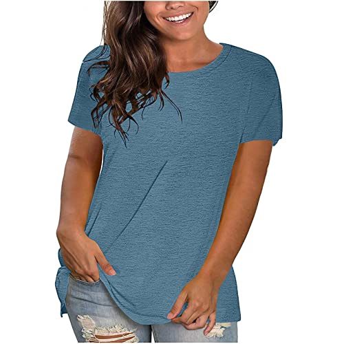 KOG Damen Shirts Basic Einfarbig Blusen Elegante Baumwolle Tshirt Teenager Mädchen Longbluse Oversized Einfarbig Tuniken Rundhals Casual Pullover Gutschein Amazon Dunkelblau L von KOG