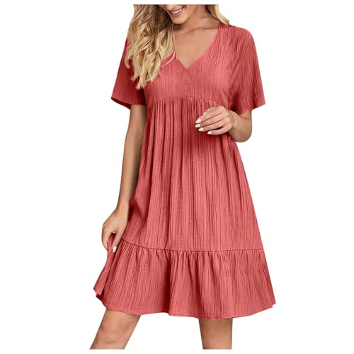 KOG Damen Sommerkleid Sommerkleider Elegante Sommerkleider Einfarbig Frau Basic Angebote Boho Kleid 2025 Teenager Boho-Kleid Hemdkleid Baumwolle Brautmutterkleider Sale Angebote Wassermelonenrot XXL von KOG