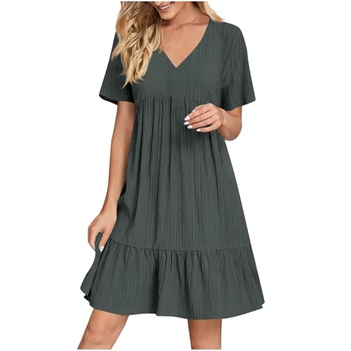 KOG Damen Sommerkleid Sommerkleider Mode Kleid Einfarbige 2025 Amazon Tshirt Kleid Frau Freizeitkleider Hemdblusenkleid Baumwolle Kleider für Hochzeitsgäste Blitzangebote des Tages Dunkelgrau L von KOG