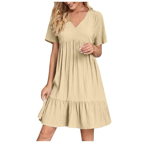 KOG Damen Sommerkleid Sommerkleider Sommer Kleid Einfarbige Leicht Bekleidung Tshirt Kleid Kurzarm Frau Blusenkleid Shirtkleid Baumwolle Brautmutterkleider Beige S von KOG