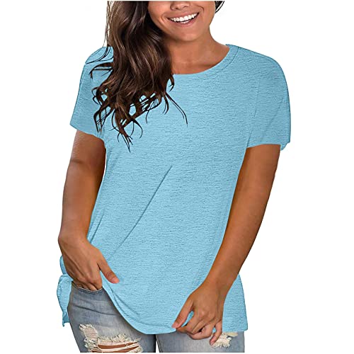 KOG Damen T-Shirt Freizeit Einfarbig Tunika Lose Baumwolle Shirts Teenager Mädchen Hemd Elegant Oberteile Teenager Rundhals Retro Pullover Amazon Warehouse Deal Hellblau XL von KOG