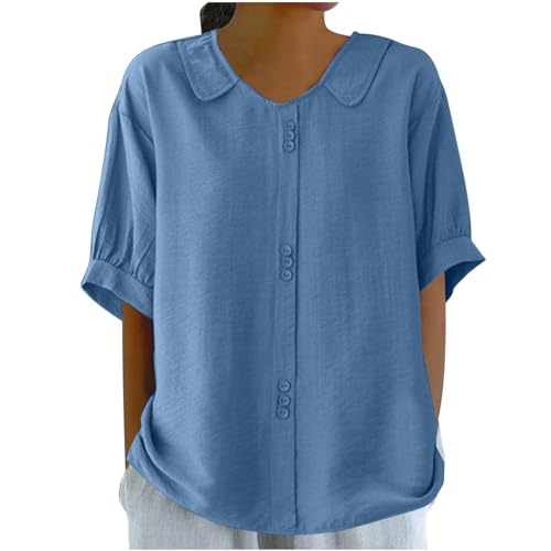 KOG Damen T-Shirt Mode Leinenhemd Bluse Sommer Kurzarm Tunika Frau Shirt Große Größen Leinenshirt Oberteile Amazon Basics Rundhals Freizeit Tshirt Blitzangebote des Tages Blau L von KOG