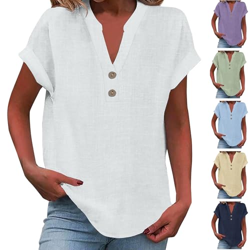 KOG Damen T-Shirts Retro Leinenbluse T-Shirt Lässig Kurzarm Oberteil Teenager Oberteile Oversize Baumwolle Leinen Frau Rundhals Lose Kleidung Weiß 5XL von KOG