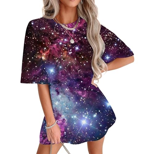 KOG Damen Tshirt Casual Galaxy Print Baumwolle Hemd Freizeit Kurzarm Shirts Frau Blusen Elegante Galaxy Print Tunika Teenager Rundhals Longbluse Galaxie Tshirt S von KOG