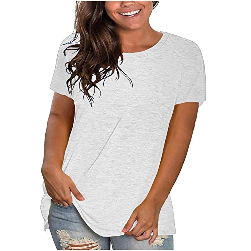 KOG Damen Tshirt Sale Damen Shirt Mode Einfarbige Bluse Elegante Baumwolle Bekleidung Teenager Mädchen Blusen Retro Einfarbig Frau Rundhals Fashion T-Shirts Sale Angebote Weiß 3XL von KOG