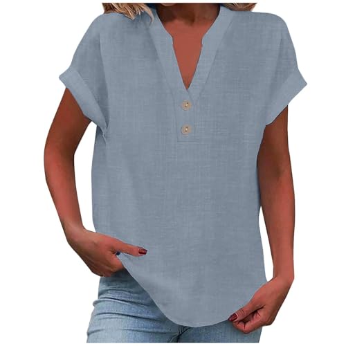 KOG Damen Tshirts Casual Leinenhemd Oberteile Basic Kurzarm Longshirt Frauen Blusenshirt Lose Leinenbluse Tuniken Frau Rundhals Slim Fit Kleidung Blau M von KOG