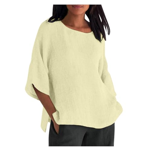 KOG Damen Tshirts Elegant Leinenbluse Blusen Basic Kurzarm Oberteile Frauen Longshirt Sommer Leinenhemd Longbluse Warehouse Deal Frau Rundhals Oversized Tuniken Prime Beige XL von KOG