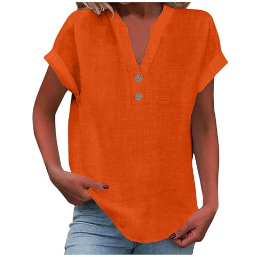 KOG Damen Tshirts Retro Leinenbluse T-Shirt Elegant Kurzarm Tuniken Frau Tunika Elegante Leinenshirt Blusen Teenager Rundhals Freizeit Shirt Orange 5XL von KOG