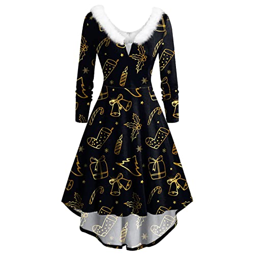 KOG Damen Weihnachtskleid Langarm Vintage Weihnachtskleider Frühlingskleid Freizeitkleider Kleid Frauen Rotes Christmas Dresses Mädchen Rot Festival Große Größe, 08 Schwarz von KOG