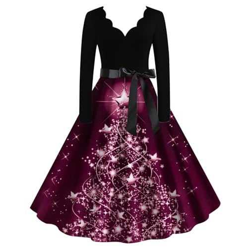 KOG Damen Weihnachtskleid Vintage Langarm Maxikleid Frauen Rotes Kleid Christmas Dresses Festlich Festival Meine Bestellungen Anzeigen Lila S von KOG