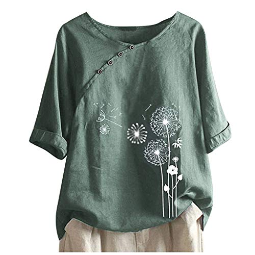 KOG Damenmode Sale Damen Shirts Mode Leinenhemd Longshirt Sommer Baumwolle Bekleidung Frau Tshirts Elegante Grafik T-Shirt Teenager Rundhals Fashion Blusen & Tuniken Warehouse Deal Grün M von KOG