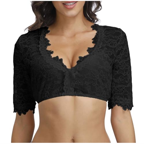 KOG Dirndl Bluse Damen Elegante Trachtenbluse Oktoberfest Outfit Frauen Dirndlbluse Spitze Dirndlblusen Teenager Mädchen Spitzenbluse Trachtenblusen Bayrische Bolero Festliche Blusen Schwarz 5XL von KOG