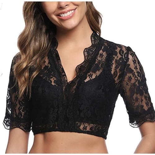 KOG Dirndl Bluse Damen Elegante Trachtenbluse Oktoberfest Outfit Frauen Dirndlbluse Spitze Dirndlblusen Teenager Mädchen Spitzenbluse Trachtenblusen Bayrische Bolero Festliche Blusen Schwarz M von KOG