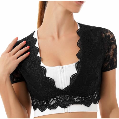 KOG Dirndl Bluse Damen Elegante Trachtenbluse Oktoberfest Outfit Frauen Dirndlbluse Spitze Dirndlblusen Teenager Mädchen Spitzenbluse Trachtenblusen Bayrische Bolero Festliche Blusen Schwarz M von KOG