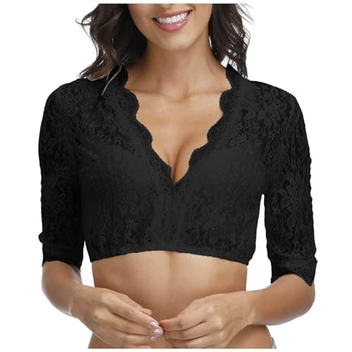 KOG Dirndl Bluse Damen Elegante Trachtenbluse Oktoberfest Outfit Frauen Dirndlbluse Spitze Dirndlblusen Teenager Mädchen Spitzenbluse Trachtenblusen Bayrische Bolero Festliche Blusen Schwarz XXL von KOG