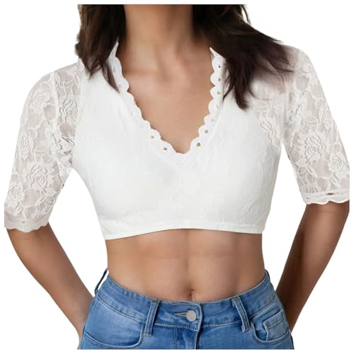 KOG Dirndl Bluse Damen Elegante Trachtenbluse Oktoberfest Outfit Frauen Dirndlbluse Spitze Dirndlblusen Teenager Mädchen Spitzenbluse Trachtenblusen Bayrische Bolero Festliche Blusen Weiß 3XL von KOG