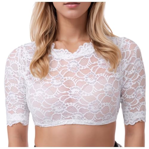 KOG Dirndl Bluse Damen Elegante Trachtenbluse Oktoberfest Outfit Frauen Dirndlbluse Spitze Dirndlblusen Teenager Mädchen Spitzenbluse Trachtenblusen Bayrische Bolero Festliche Blusen Weiß 4XL von KOG