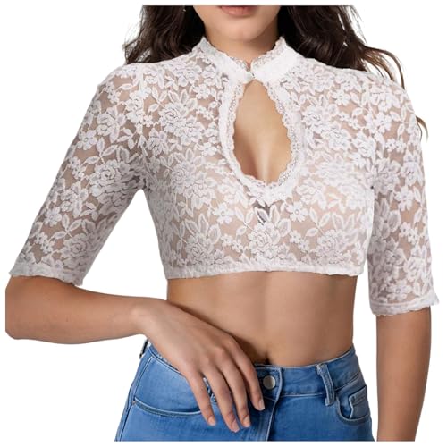 KOG Dirndl Bluse Damen Elegante Trachtenbluse Oktoberfest Outfit Frauen Dirndlbluse Spitze Dirndlblusen Teenager Mädchen Spitzenbluse Trachtenblusen Bayrische Bolero Festliche Blusen Weiß 5XL von KOG