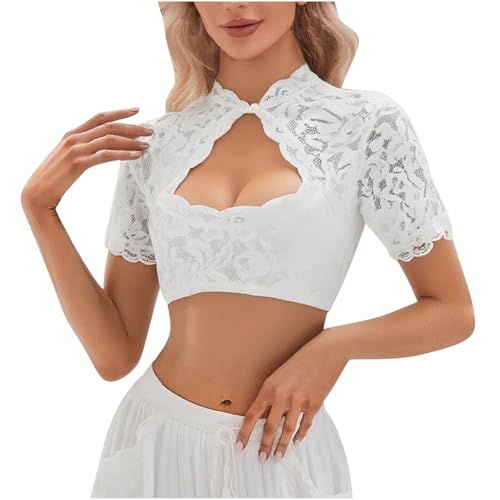 KOG Dirndl Bluse Damen Spitze Trachtenbluse Elegante Oktoberfest Outfit Frauen Dirndlbluse Teenager Mädchen Dirndlblusen Spitzenbluse Trachtenblusen Bayrische Bolero Festliche Blusen Weiß L von KOG