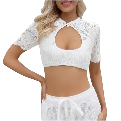 KOG Dirndl Bluse Damen Spitze Trachtenbluse Elegante Oktoberfest Outfit Frauen Dirndlbluse Teenager Mädchen Dirndlblusen Spitzenbluse Trachtenblusen Bayrische Bolero Festliche Blusen Weiß M von KOG