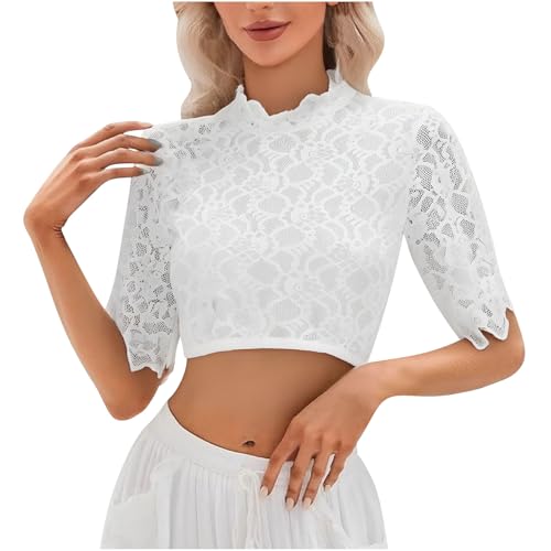 KOG Dirndl Bluse Damen Spitze Trachtenbluse Elegante Oktoberfest Outfit Frauen Dirndlbluse Teenager Mädchen Dirndlblusen Spitzenbluse Trachtenblusen Bayrische Bolero Festliche Blusen Weiß S von KOG