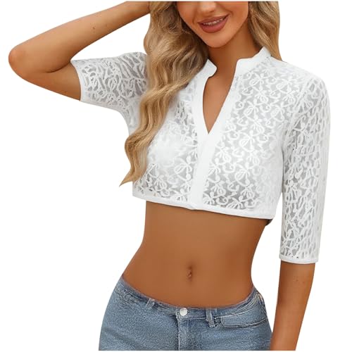 KOG Dirndl Bluse Damen Spitze Trachtenbluse Elegante Oktoberfest Outfit Frauen Dirndlbluse Teenager Mädchen Dirndlblusen Spitzenbluse Trachtenblusen Bayrische Bolero Festliche Blusen Weiß XXL von KOG