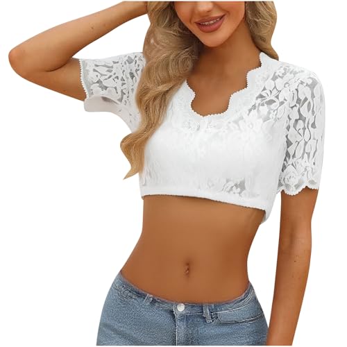 KOG Dirndl Bluse Damen Spitze Trachtenbluse Elegante Oktoberfest Outfit Frauen Dirndlbluse Teenager Mädchen Dirndlblusen Spitzenbluse Trachtenblusen Bayrische Bolero Festliche Blusen Weiß XXL von KOG