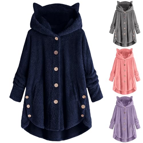 KOG Fleecejacke Damen Herbstjacke Warm Cordjacke Einfarbig Oberteil Frauen Hoodie Winterjacke übergangsjacken Prime Fleecejacken Teenager Mädchen Dufflecoat Baumwolle Gutscheine Marine XL von KOG