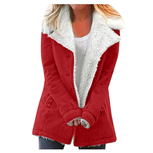 KOG Fleecejacke Damen Herbstjacke Warme Wollmantel Teddy Fleecejacke Einfarbige Kleidung Teenager Kapuzenjacke Winterjacke Prime Windbreaker Cordjacke Steppmantel Baumwolle Prime Rot 3XL von KOG