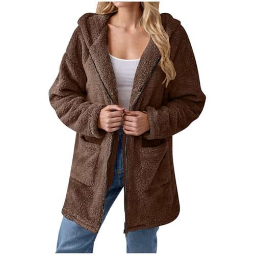 KOG Fleecejacke Damen Herbstjacke Warmes Fleecemantel Teddy Jacken Einfarbig Streetwear Frau Pullover Winterjacke Blusenjacke Vliesjacke Steppmantel Laufjacke Softshelljacke Braun XXL von KOG