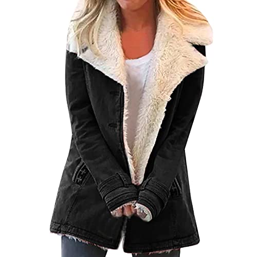 KOG Fleecejacke Damen Jacken Warm Wollmantel Teddy Fleecejacke Einfarbig Oberteil Frauen Pullover Herbstjacke Prime Windbreaker Fleecepullover Frau Parka Baumwolle Outlet Angebote Schwarz XL von KOG
