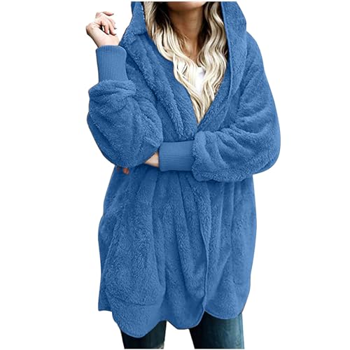 KOG Fleecejacke Damen Winterjacke Elegant Cordjacke Vliesjacke Einfarbig Streetwear Kapuzenpullover Herbstjacke Hemdjacke Sport Jacke Frau Daunenmantel Sportjacke Wollmantel Blau L von KOG