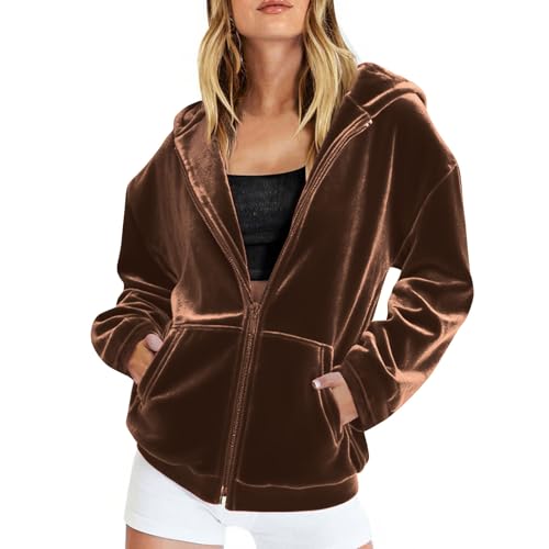 KOG Fleecejacke Damen Winterjacke Elegante Fleecemantel Vliesjacke Einfarbig Oberteile Frau Kapuzenpullover übergangsjacke Windbreaker Softshellmantel Trainingsjacke Daunenjacken Braun XXL von KOG