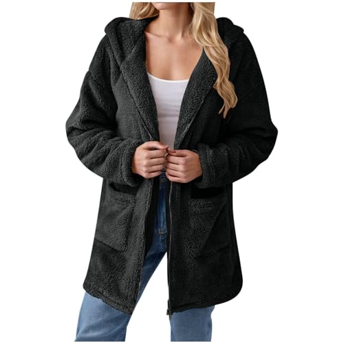 KOG Fleecejacke Damen Winterjacke Warmes Fleecemantel College Jacke Einfarbige Bekleidung Teenager Pullover Wintermantel übergangsjacken Motorrad Jacke Frau Parka Steppmantel Schwarz XXL von KOG