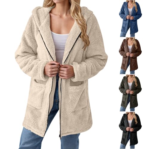 KOG Fleecejacke Damen Winterjacke Warmes Teddyjacke Fleecemantel Einfarbige Bekleidung Hoodie Herbstjacke übergangsmantel Strickjacken Frauen Dufflecoat Fahrradmantel Steppmantel Beige S von KOG