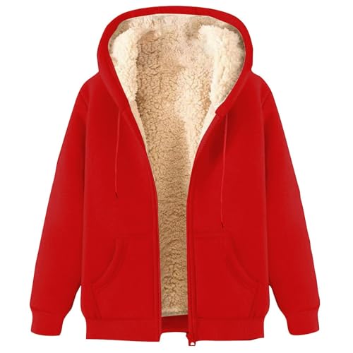 KOG Fleecejacke Damen Winterjacke Winter Fleecejacken Einfarbige Kleidung Teenager Mädchen Kapuzenjacke Sweatjacke Cordjacke Teenager Steppmantel Baumwolle Rot L von KOG
