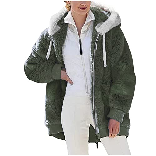 KOG Fleecejacke Damen Winterjacke Winter Fleecemantel Teddyfleece Jacke Einfarbig Oberteil Teenager Kapuzenmantel Herbstjacke Gutscheine Frau Steppjacke Baumwolle Angebote Armeegrün 3XL von KOG