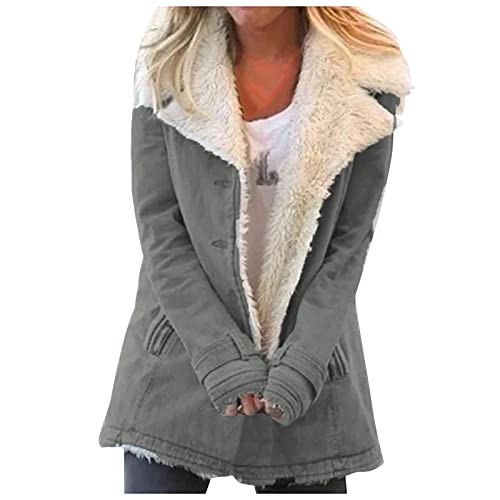 KOG Fleecejacke Damen Winterjacke Winter Vliesjacke Fleecejacken Einfarbige Oberteile Hoodie Jacke Jacke übergangsjacke Gutschein Teenager Wollmantel Baumwolle Gutschein Amazon Grau L von KOG