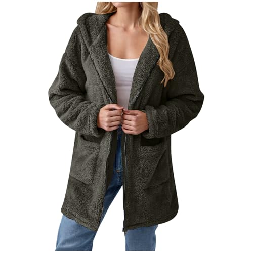 KOG Fleecejacke Damen Wintermantel Warm Cordjacke Fleecepullover Einfarbige Streetwear Frau Kapuzenpullover Sweatjacke Motorrad Jacke Teenager Steppmantel Fahrradmantel Parka Armeegrün M von KOG